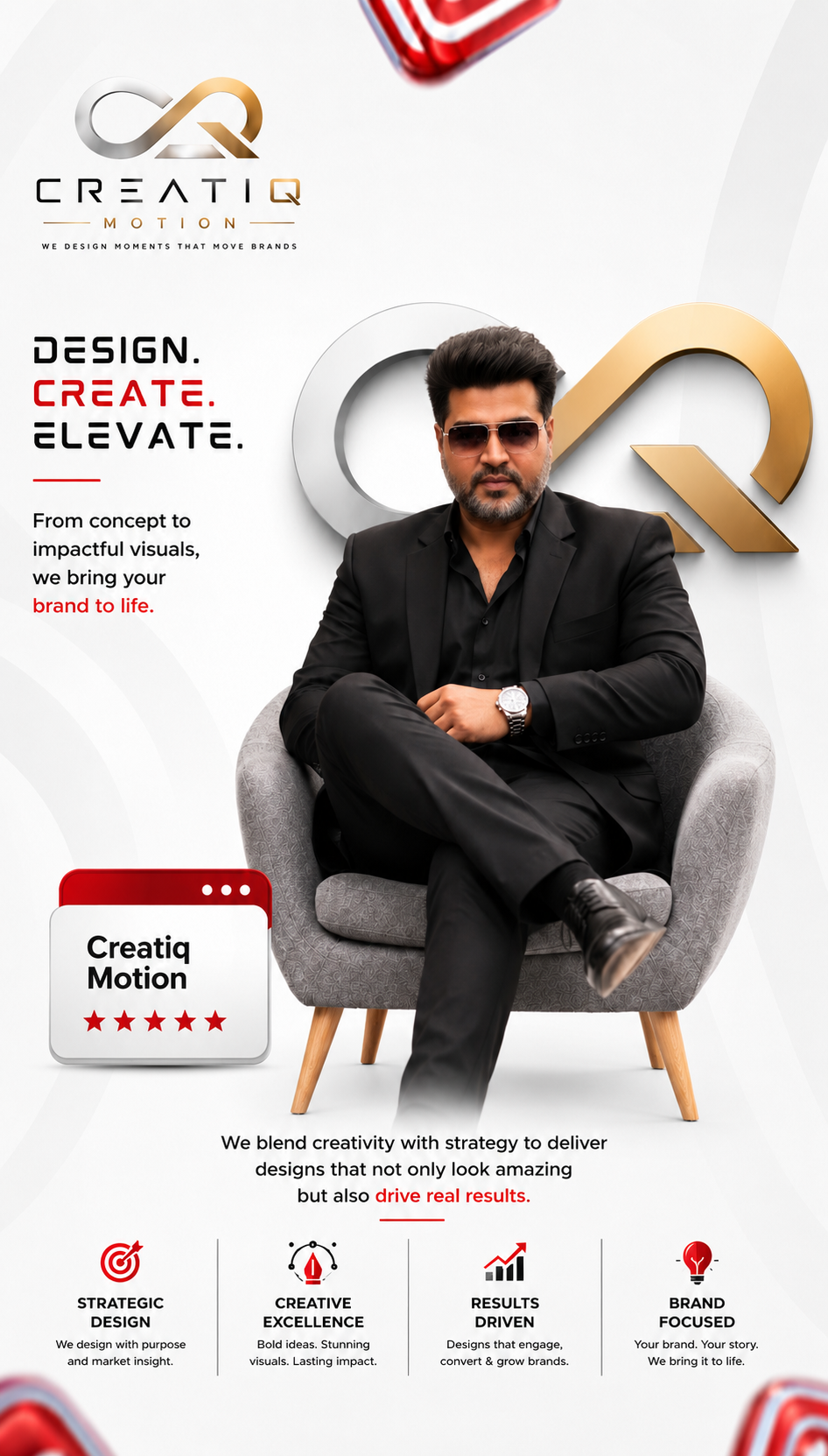 CreatiQ Motion founder poster — Design. Create. Elevate.